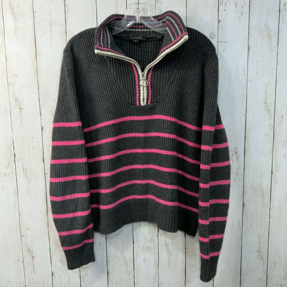 Calligraphie Women's Gray Pink Stripe Half Zip Knit Sweater Y2K Inspired Size XL